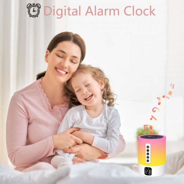 Bitswolee Bluetooth Speaker Alarm Clock with Light, Touch Dimmable Bedside Lamp, White Noise Machine, RGB Color Changing Portable Atmosphere Table Lamp Gifts for Girls Kids Boys