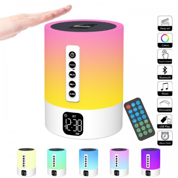 Bitswolee Bluetooth Speaker Alarm Clock with Light, Touch Dimmable Bedside Lamp, White Noise Machine, RGB Color Changing Portable Atmosphere Table Lamp Gifts for Girls Kids Boys