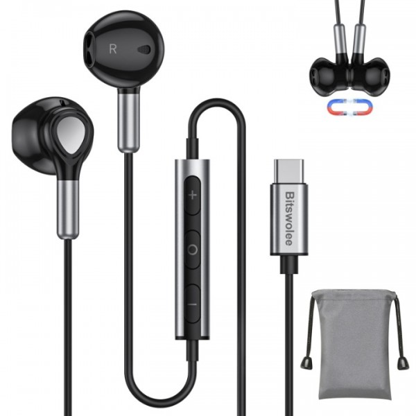 Bitswolee USB C Headphones, HiFi Stereo Magnetic USB C Earbuds with Microphone Type C Headphone for Samsung Galaxy S23 S22 S21 S20 FE A53 Google Pixel 7 6 5 4 XL 3 iPad Pro OnePlus 9 8 7 6T